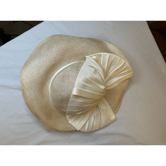 Alex Wilson Ivory Wide Brim Straw Hat Satin Bow Bridal Shower Garden Party Derby
